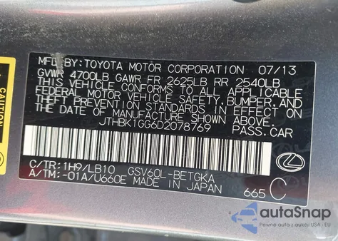 2013 Lexus Es 350 from USA, damaged, VIN JTHBK1GG6D2078769